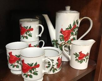 Christmas holly and red bird tea set