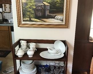 Wood shelf and signed painting of old mill. 