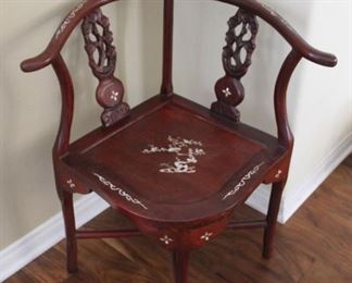 #19.  $125.00   Corner Asian chair with mother of pearl inlay 32” X 18” X 18”  Reproduction