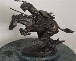 #22.  $800.00  Frederic Remington 'Cheyenne' Vintage Cast Bronze Sculpture w/ Marble Base  20” X 22” X 9”        Reproduction 1980.
