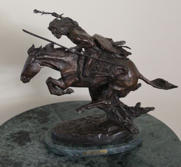 #22. $800.00 Frederic Remington 'Cheyenne' Vintage Cast Bronze Sculpture w/ Marble Base 20” X 22” X 9” Reproduction 1980.
