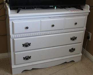 #41.  $80.00   White dresser with finish issues 33.5” X 40.5” X 17” 