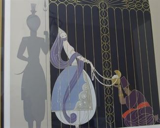 #49 Extra view.   $800.00   Erte “Bird in a gilded cage” signed 49” X 38”  