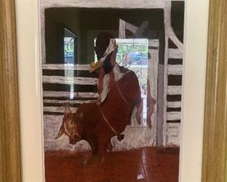 Original colored charcoal drawing of bull rider and bull.