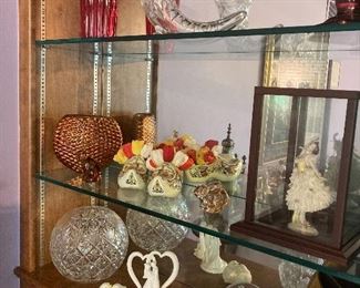 Misc glass items and Dresden figurine
