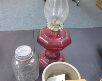 Oil Hurricane Lamp, Crock & Older Jar