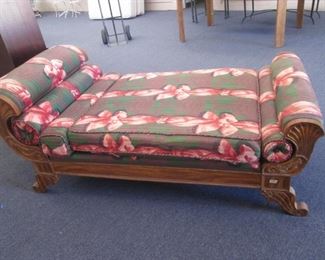 Upholstered Chaise Lounge, Ornate Carved Wood Frame & Ribbon-Patterned Fabric, Includes 3-Throw Pillows.  75" X 36"