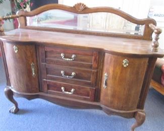 Sideboard with Mirror & Gallery Style, 2-Rounded Side Cabinets & 3-CenterDrawers, Queen Ann Ball & Claw Leg Design,  58" X 20" X 48"