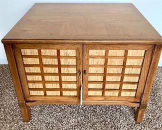 $300 - Authentic Mid-century modern side table, grass front, with storage by Thomasville. Perfet Condition.  28W 22H 24D