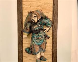 $800 - Framed Ceramic sculpture (condition issue: shoe has been glued on). 15.5W 34.5H 5D