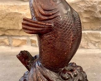 $160 - Hand carved Koi fish sculpture with stand. Material unknown - not wood, possibly stone. 7W 3.5D 10H