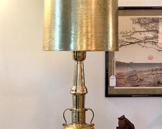 $100 - Vintage Mid-Century Stiffel Heavy Brass Table lamp on Wood base with pulled silk drum shade. 16 Diameter (shade), 40H. This is such a unique and beautiful lamp! Needs new cord. 