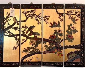 $350 - Black and gold carved hand painted screen. Each panel is 12W 36H