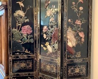$300- Three panel black lacquered carved screen. 31W 36H 1D