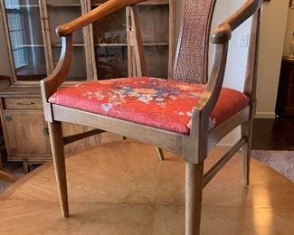 $1200 / SET OF 6. ***STAFF FAVORITE***           AUTHENTIC Solid Wood Vintage Mid-Century design similar to a James Mont line (Tamerlane) by Thomasville. This line was manufactured prior to 1961. The back of these chairs are bowed, Ming persuasion with a modern twist is evident. The Frame is Solid Oak with Cane Back Splats with vintage Asian Print Fabric to complete the look.  Wishbone Chairs! Use as accent chairs or for your dining room as these are fabulous designer chairs for any room! Don't pass up this opportunity to grab Armless Chairs hold same description just not as deep. True quality and style! Set of 6. 21W 20D 33H BEAUTIFUL condition!!