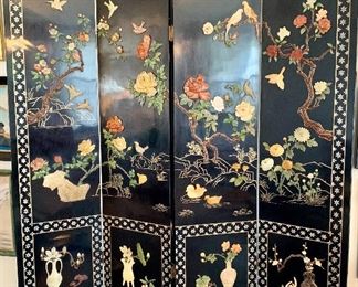 $2000 - Four panel carved screen with natural stone, jade glass and Mother of Pearl detail. 64W 1D 71H