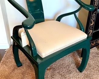 $450- ONE deep Green lacquered Ming style armchair. 26W 21D 33H. Fabric in Excellent condition, Minor wear on back where it rubbed a wall. 