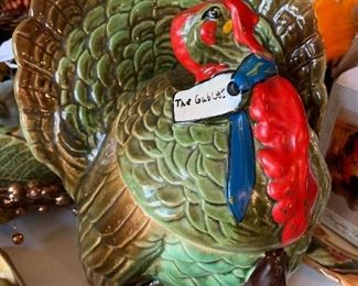 $200.00 - Rare vintage turkey cookie jar by McCoy Pottery (lid has a very small hairline fracture). Very cool! 8W 12H. STAFF FAVORITE! 