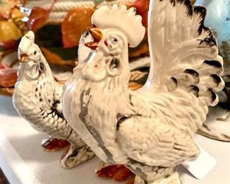 $60.00 - Pair of vintage chicken figurines. Large one is 6 inches tall and small one is 4 inches tall. 
