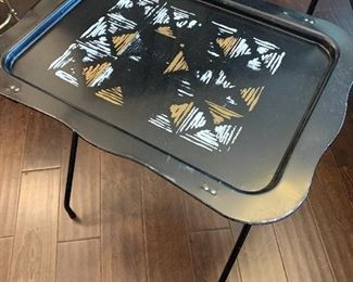 Vintage metal tv trays. Perfectly worn; black gold and white. 