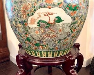 $300. Large chinioserie planter with base, traditional koi imagery inside. 