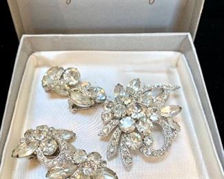 $100. 5 piece set. Vintage pin, two pairs of clip earrings by Eisenberg. 