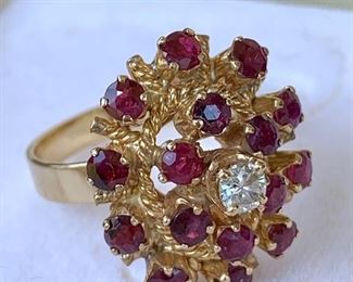 $600. 14K gold Vintage Thailand Ruby/Diamond Ring. 6g. Beautiful setting. Very sparkely! Sits high like a cocktail ring. 