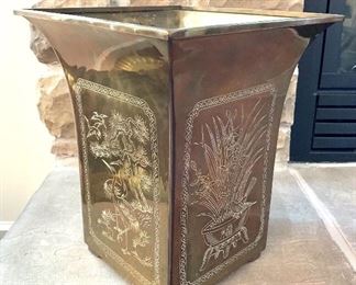 $48 - Brass hand etched planter. 11W 13H 11D