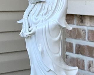 $80- Chinese Blanc De Chine Porcelain Guan Yin Figure, In Chinese Buddhism, Guan Yin is the Goddess of mercy, compassion, kindness and love. Her goal is to save all of God's children! The porcelain figure of Guan Yin is perfectly white, clean and in mint condition. It is a wonderful homage to this kind Goddess. It is rare to find one in such good condition Ceramic figurine. Great condition. 7W 22H
