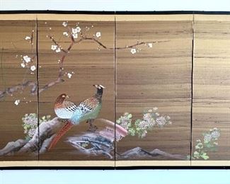 $400. - This is a Japanese hand painted on silk room divider screen with excellent antique age. The piece shows four folding sections and is in excellent shape! The metallic shimmer of this piece is sure to stand out in any room! 71W 36H