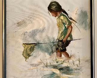 $300 - Original oil on canvas by Kee Fung Ng.  Child fishing. 19W 24H