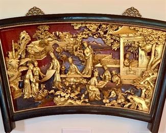 $2800.00- Chinoiserie relief carving with gold leaf, large format, wall hanging. 42W 27H 4D