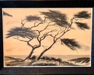 $120- Framed art “Pines on the Dune”. Reproduction charcoal drawing matted and framed in a black wooden frame. 47W 30H
