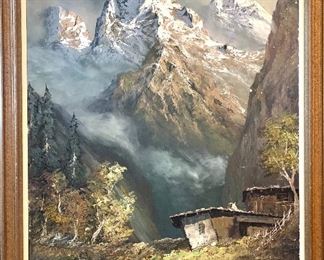 $700.00 - Artist signed oil on canvas “Himalayan Landscape” Large format. (minor condition issue). 45W 55H