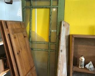 Rustic green window door & primitive shutters