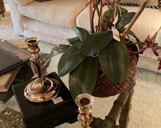 Artificial plant; brass candle holders