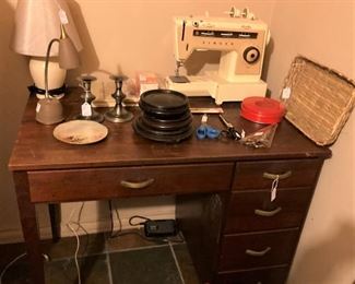 Small desk; Singer sewing machine