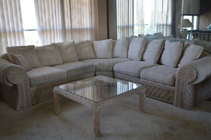 Rattan sectional sofa, coffee table and end table