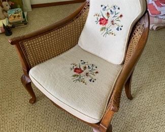 263b3 Antique Wood  Rattan Chair with Petit Point