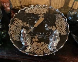 Gorgeous vintage silver inlay footed platter just waiting to be shown off on your table! Sterling silver salt and pepper shakers