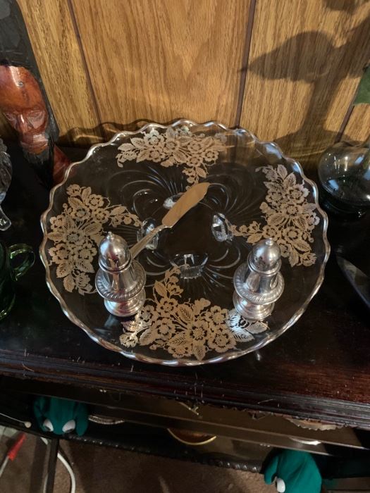 Gorgeous vintage silver inlay footed platter just waiting to be shown off on your table! Sterling silver salt and pepper shakers
