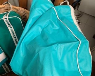 Vintage plastic round patio table cover, teal color with white fringe