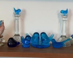 Signed glass blue birds of happiness figures, Lefton blue birds of happiness figures