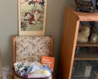 Small size upholstered rocking chair (SO comfortable, trust me), vintage linens, giant pair of dutch wooden clogs