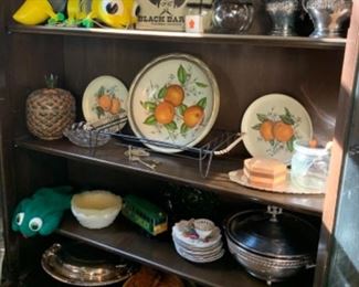 1950's Mr. Wiggles, vintage pineapple basket, vintage round tin serving trays, silver-plated serving pieces to fancy up your table, fiesta ware and hand stamped leather goods