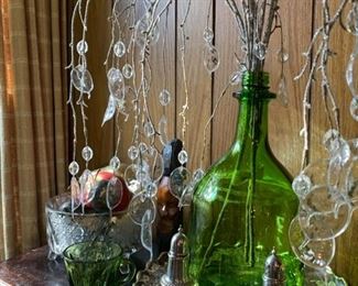 Vintage bottle, faux crystal branches, silver inlay footed cake platter