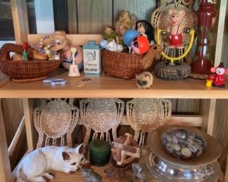 Vintage baby toys and rattles, 1970's owl straw baskets, vintage ceramic painted cat