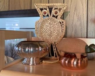 Silver plated bowl, copper candle holder, vintage 70s owl straw basket and one of a collection of turtle figures!