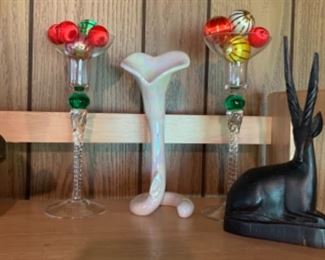 Gorgeous pair of crystal candlesticks with green accent (not just for candles anymore!), carved wood antelope, vintage Art Nouveau Lily Trumpet Bud Vase