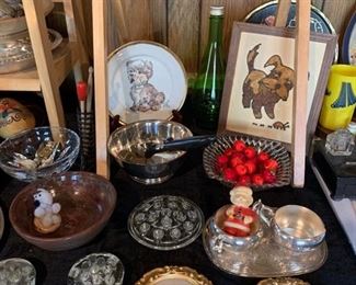 Vintage glass flower frogs, vintage clear glass, silver plated footed bowls and more ready for you to style and display!